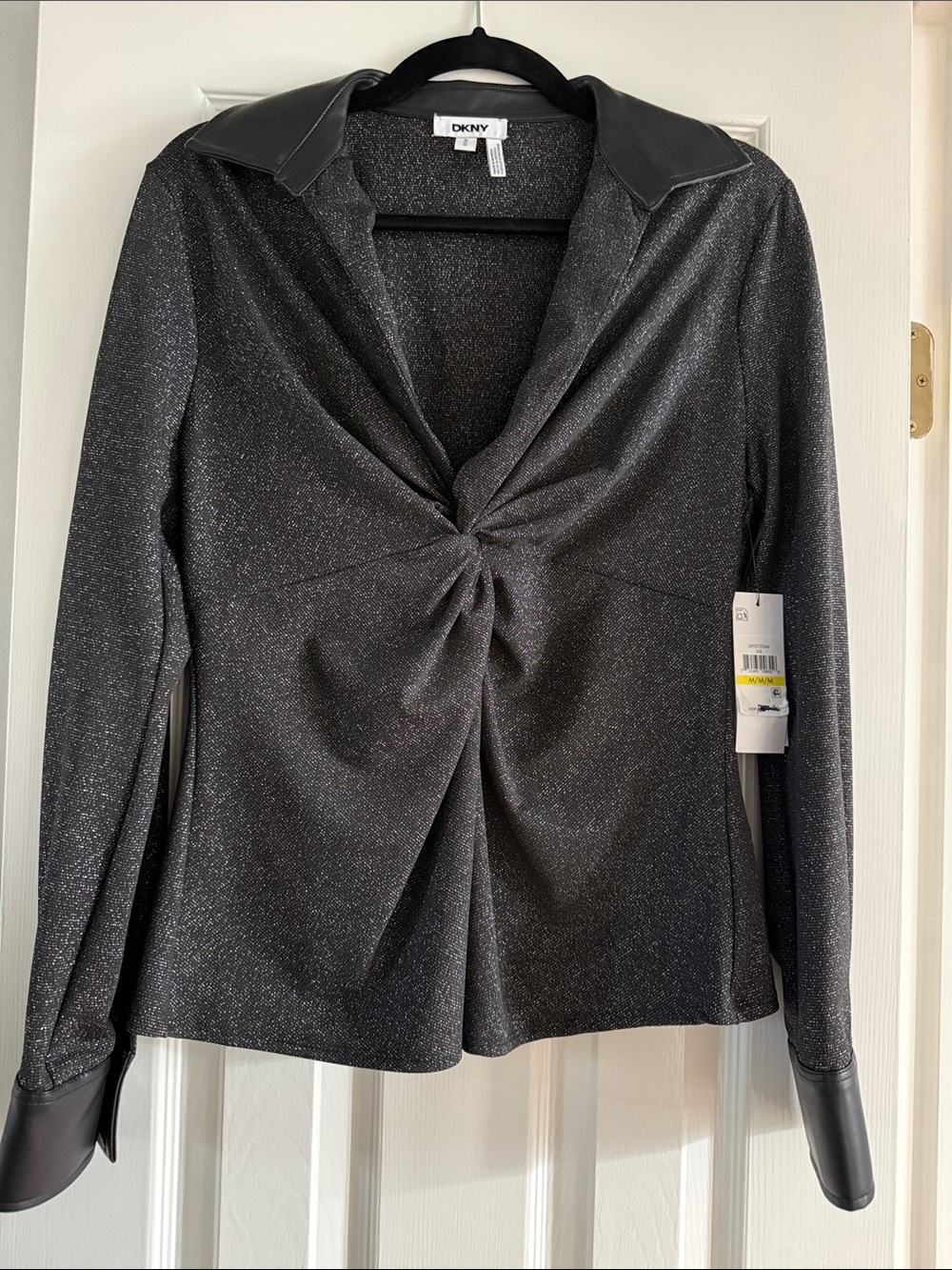DKNY Black Metallic Twist-Front Shirt with Faux Leather Accents